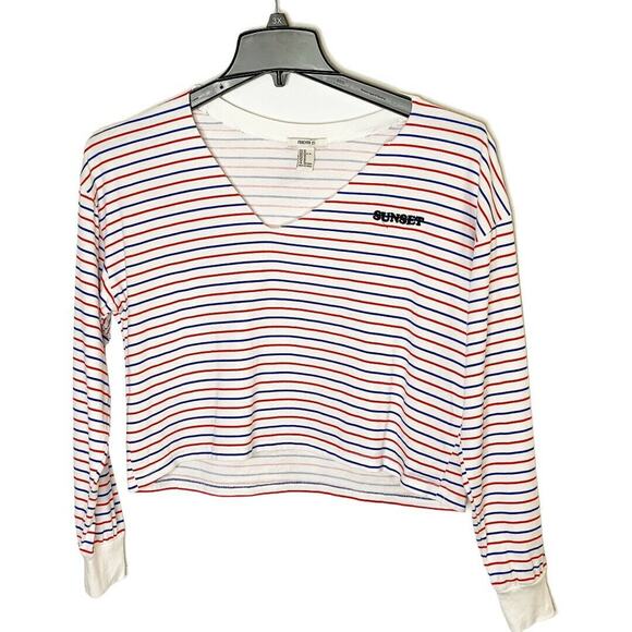 Forever 21 Striped V Neck Long Sleeve relaxed Crop T shirt White red sz m - Picture 1 of 7